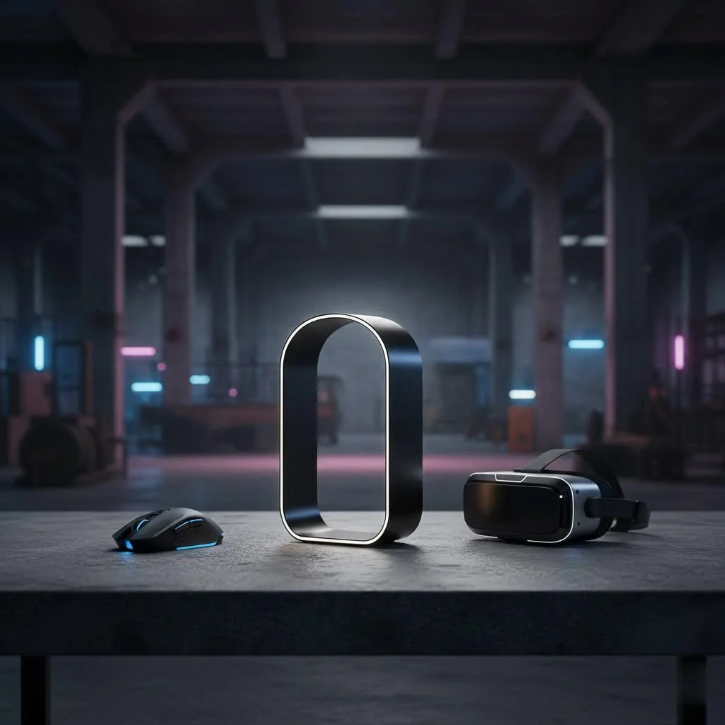Headphones resting on a sleek wooden headphone stand