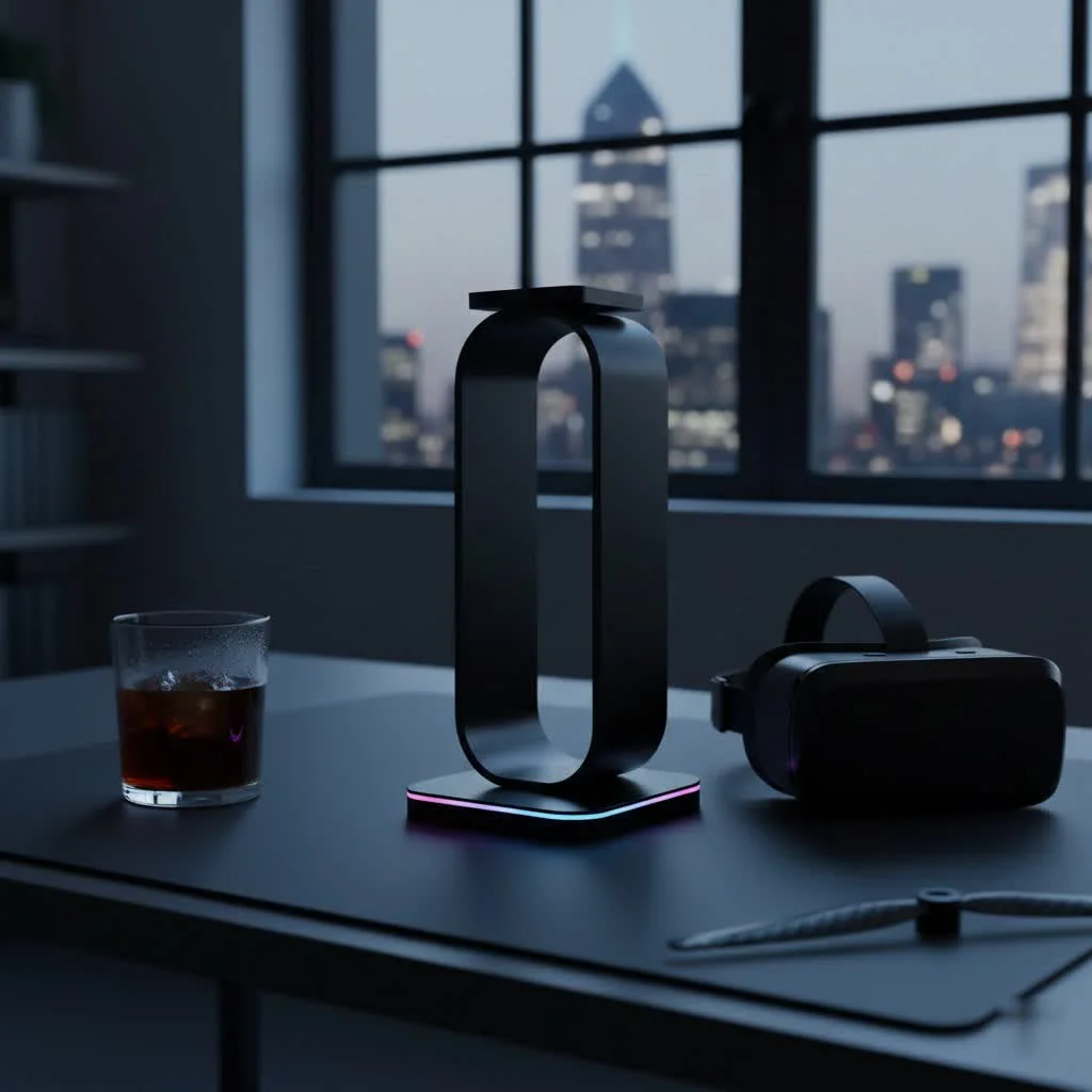 Sleek black headphone stand on a minimalist desk