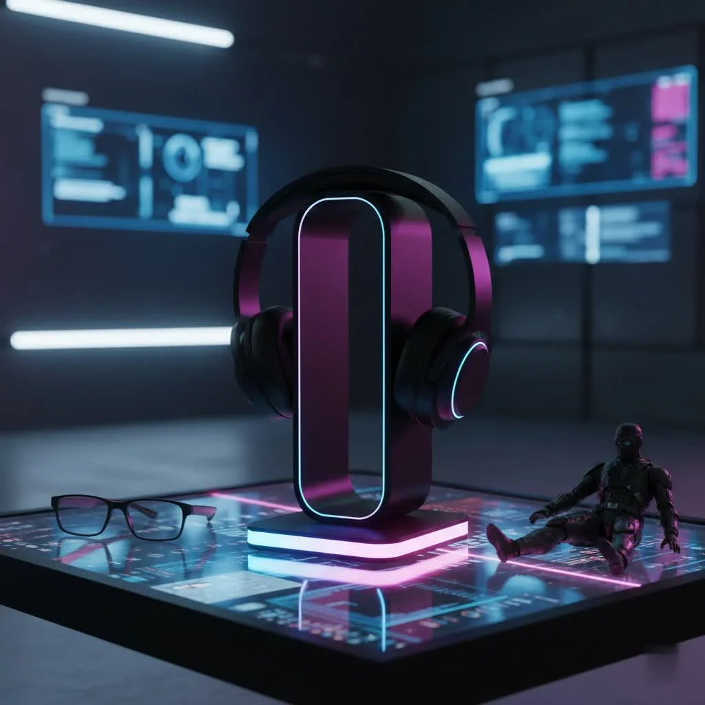 Custom headphone stand displaying a pair of over-ear headphones