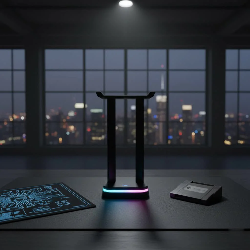 Stylish wooden headphone stand on a minimalist desk