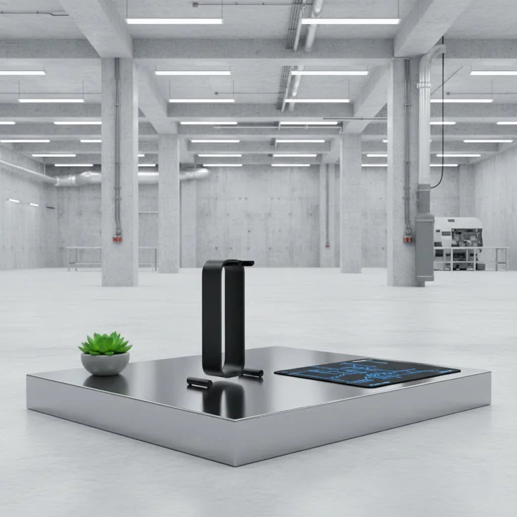 Two pairs of headphones displayed on a sleek double headphone stand