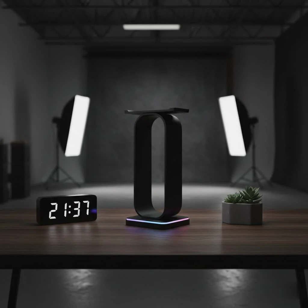 Vibrant pink headphone stand on a desk