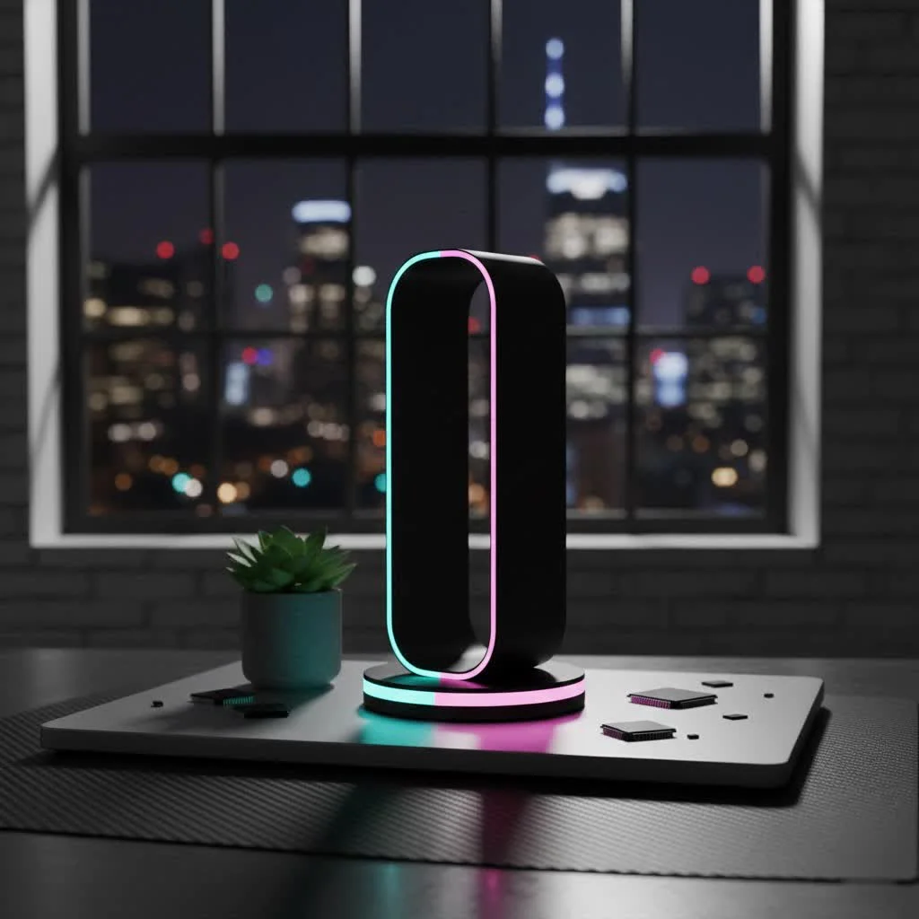 Headphone stand with wireless charger on a desk