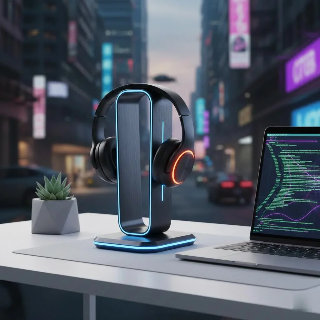 Modern headphone stand holding over-ear headphones