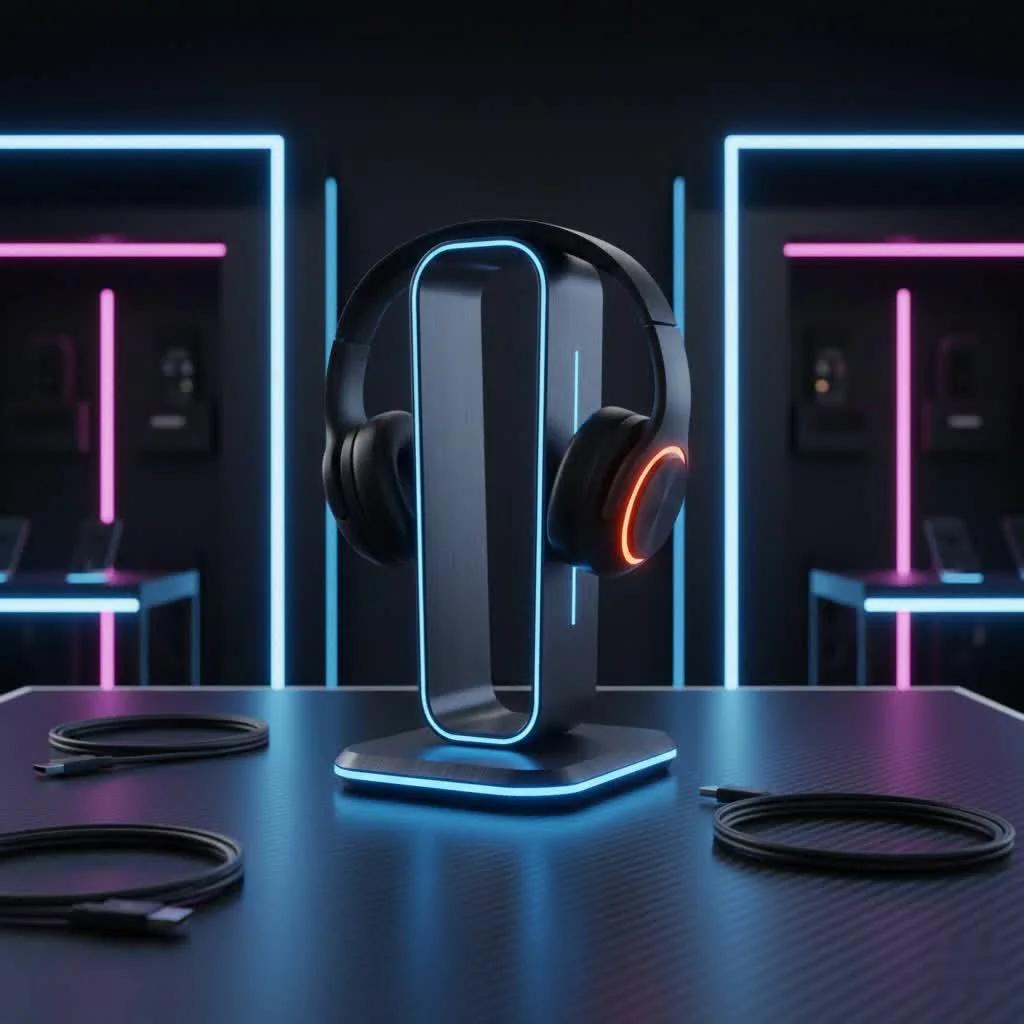 Omega headphone stand cradling over-ear headphones