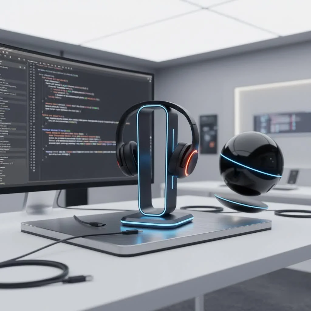 SteelSeries headset resting on a sleek black headphone stand