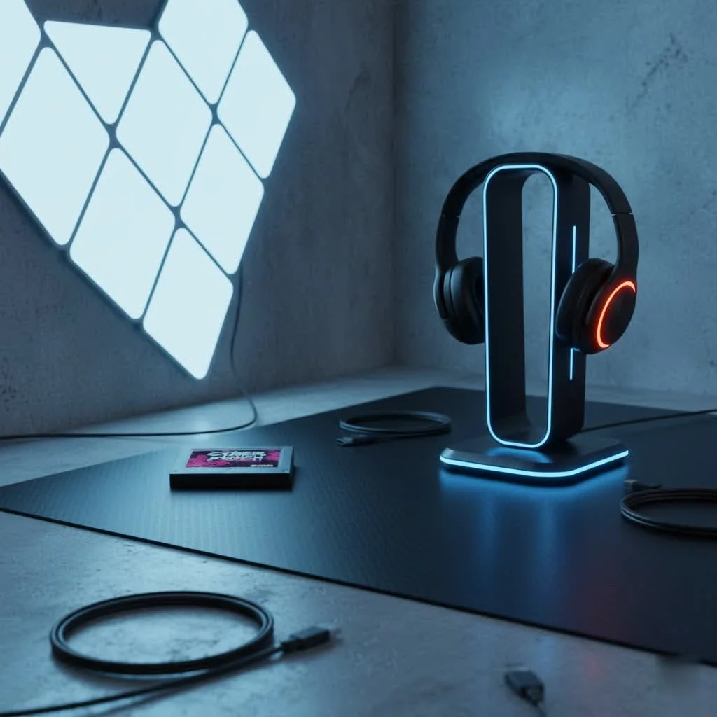 Floating headphone stand holding a pair of headphones