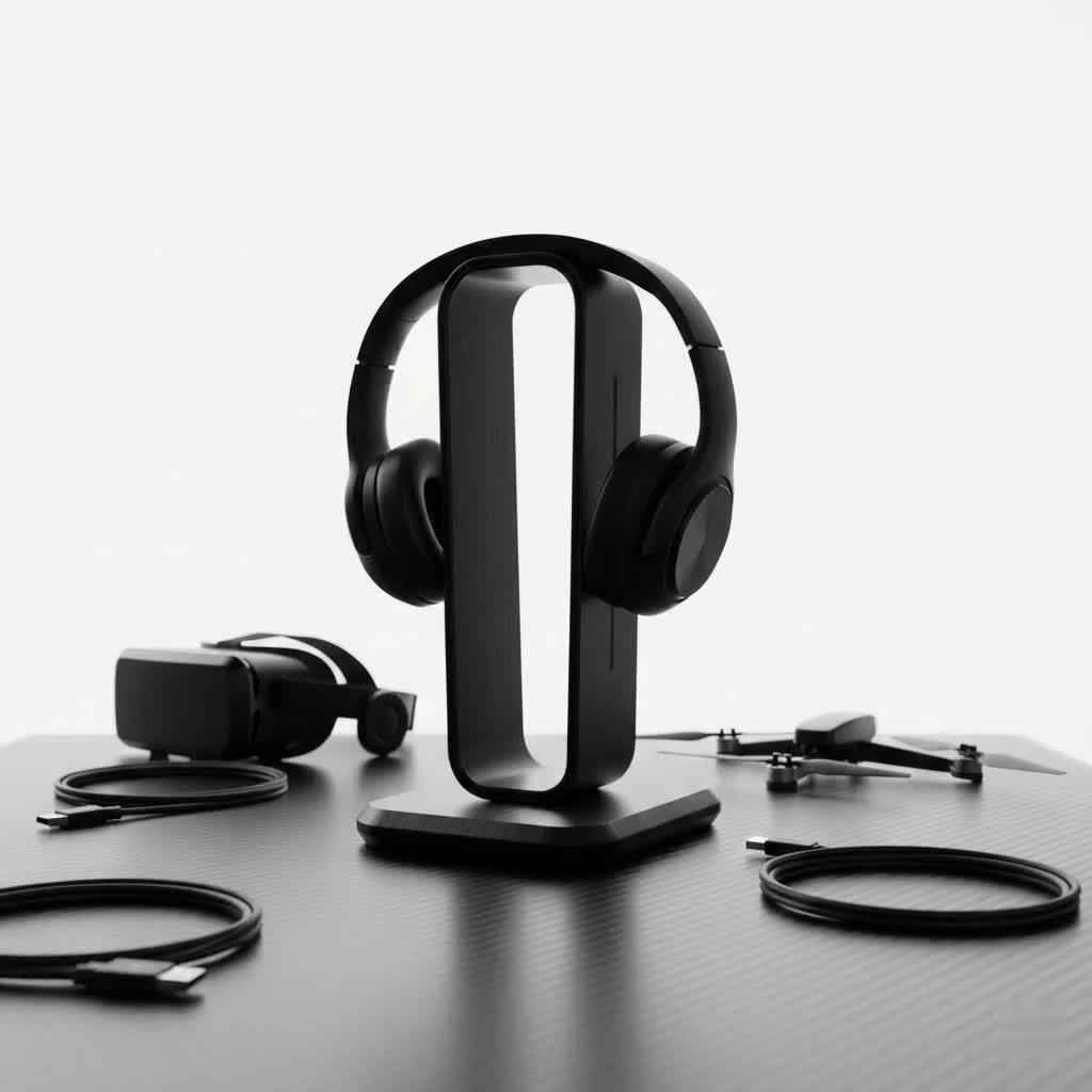 Xbox gaming headset on a sleek black headphone stand