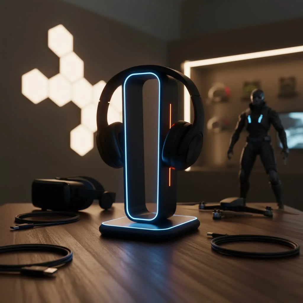Beats headphones resting on a sleek, modern headphone stand