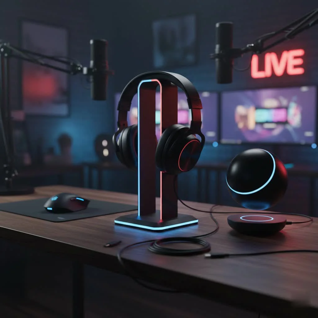 Elegant brass headphone stand holding over-ear headphones