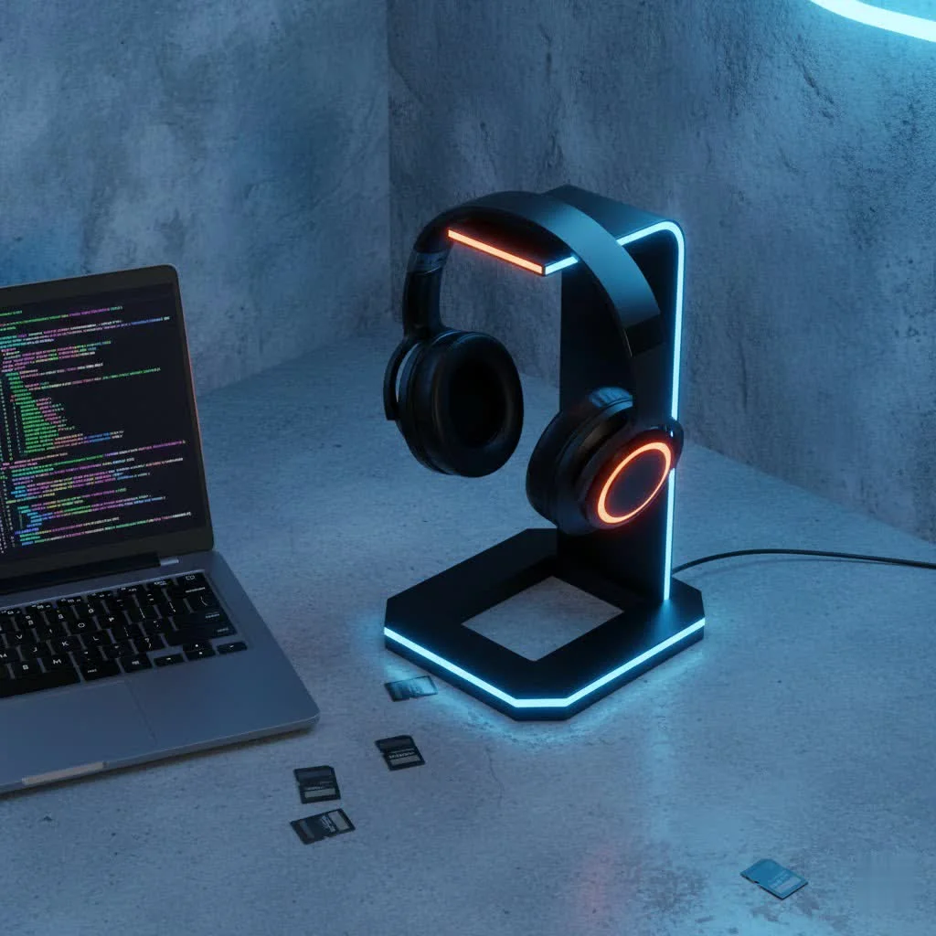 Stylish desktop headphone stand holding over-ear headphones
