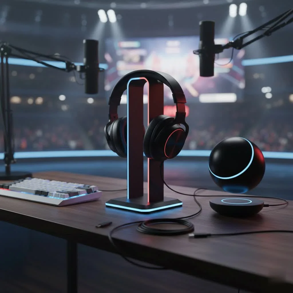 Kanto H1 and H2 headphone stands on a desk