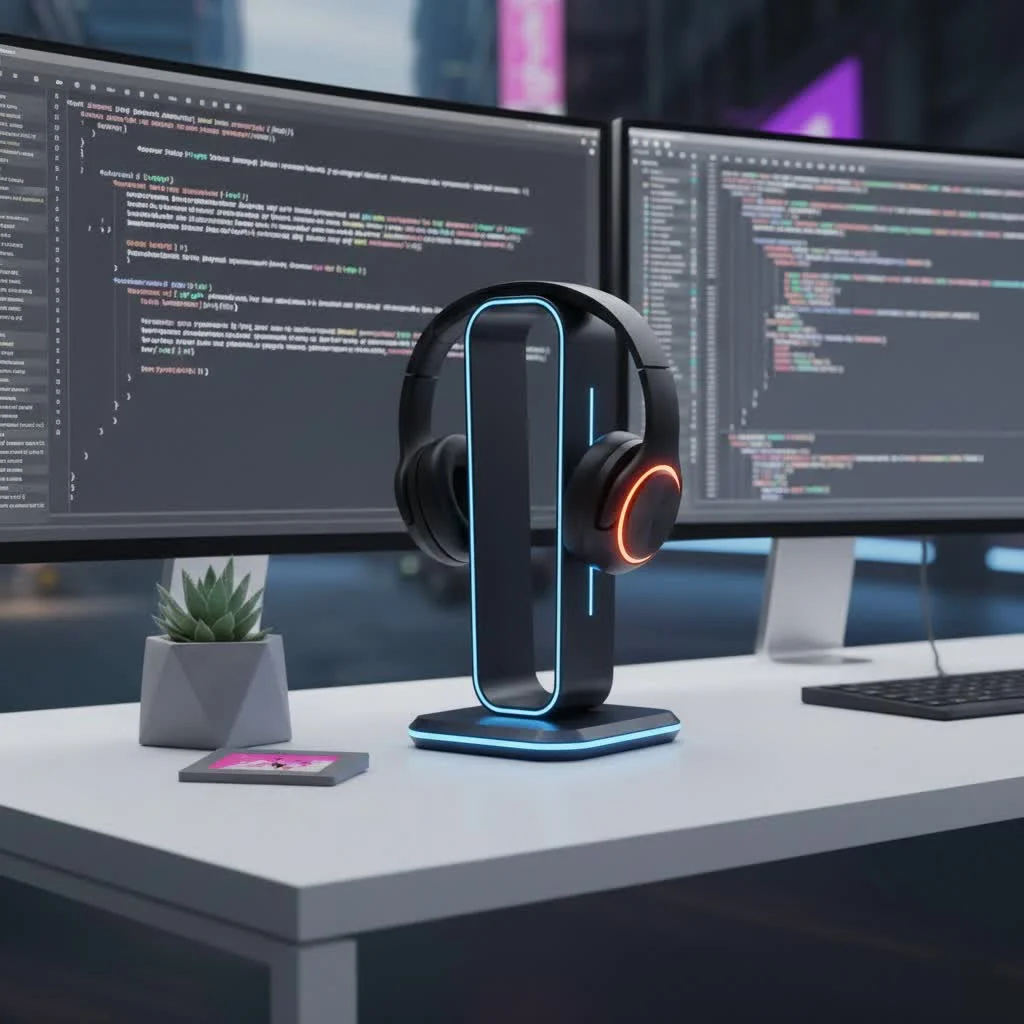 Cute cat-themed headphone stand holding a pair of over-ear headphones