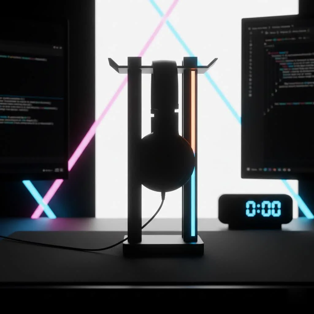 Sleek metal headphone stand holding over-ear headphones