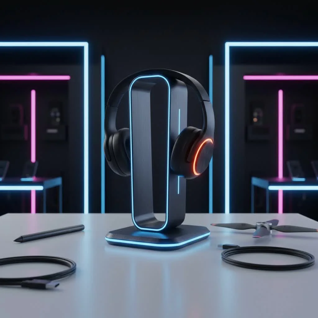 Minimalist headphone stand holding over-ear headphones