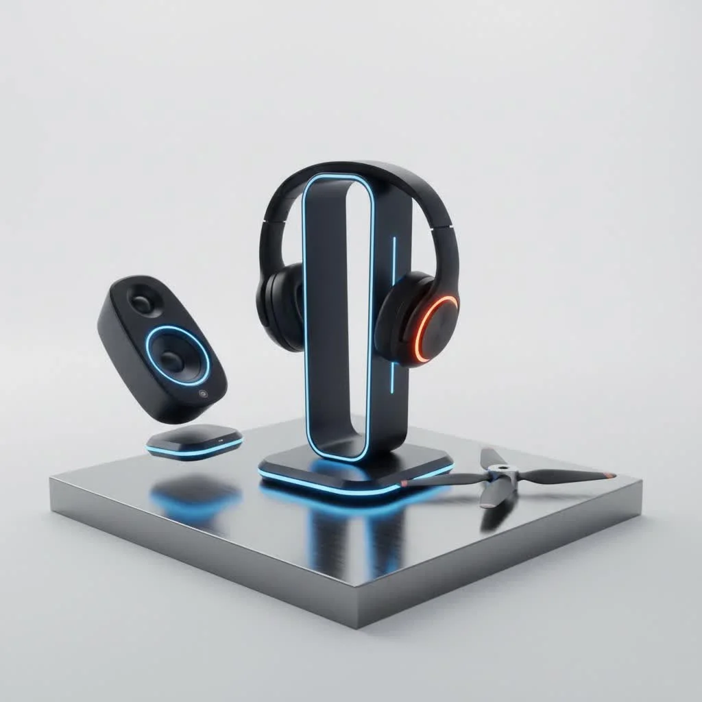 Audeze LCD-4 headphones resting on a sleek wooden stand