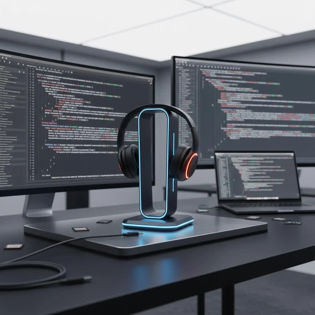 Gaming headphone stand holding a headset