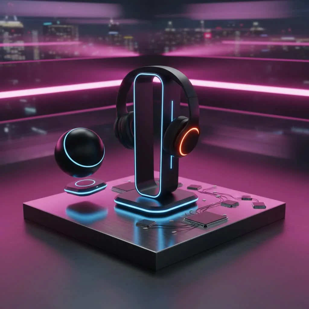 Sennheiser headphones resting on a sleek, minimalist headphone stand