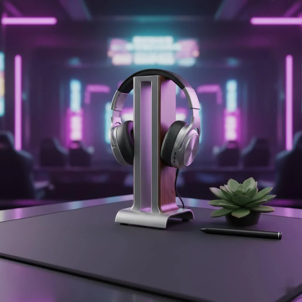 Cute cat headphone stand holding over-ear headphones