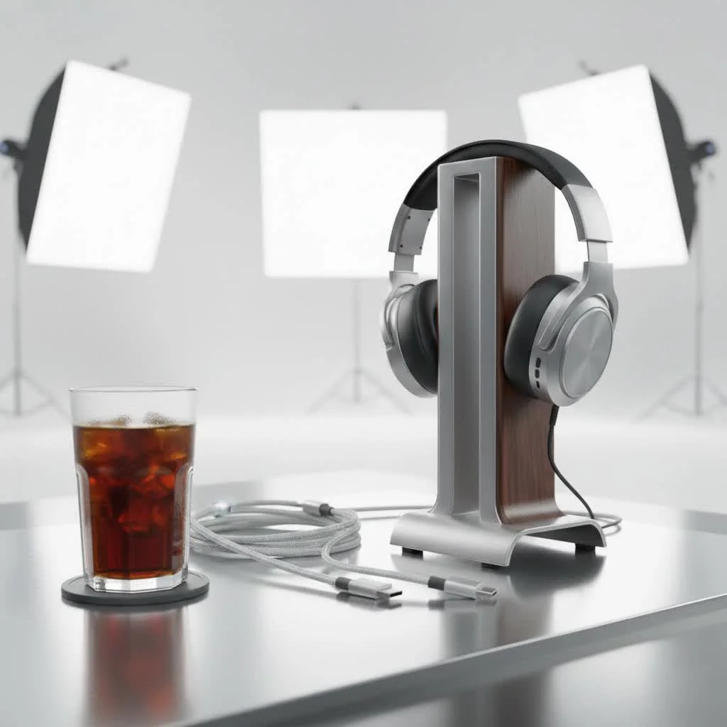 Wooden headphone stand with a sleek, minimalist design