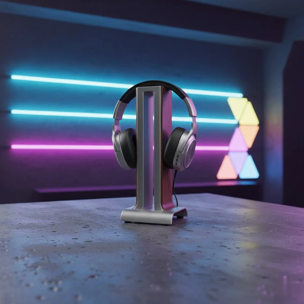 Stylish headphone stand holding over-ear headphones