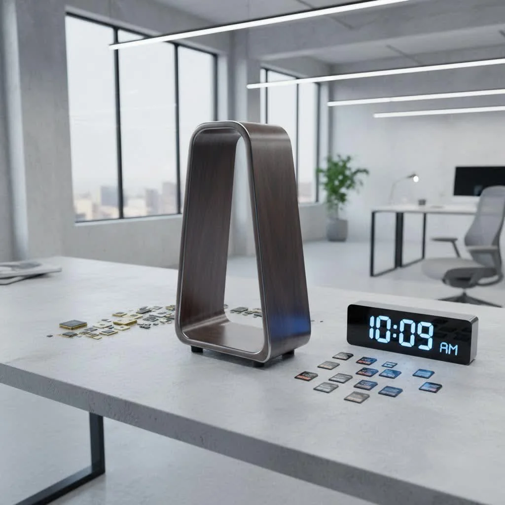 Elegant wooden headphone stand on a desk