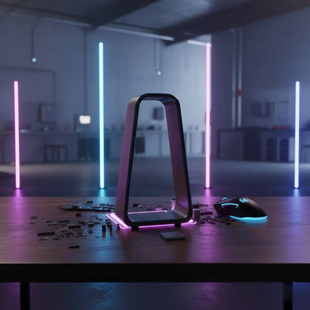 Beats headphones resting on a sleek, modern headphone stand