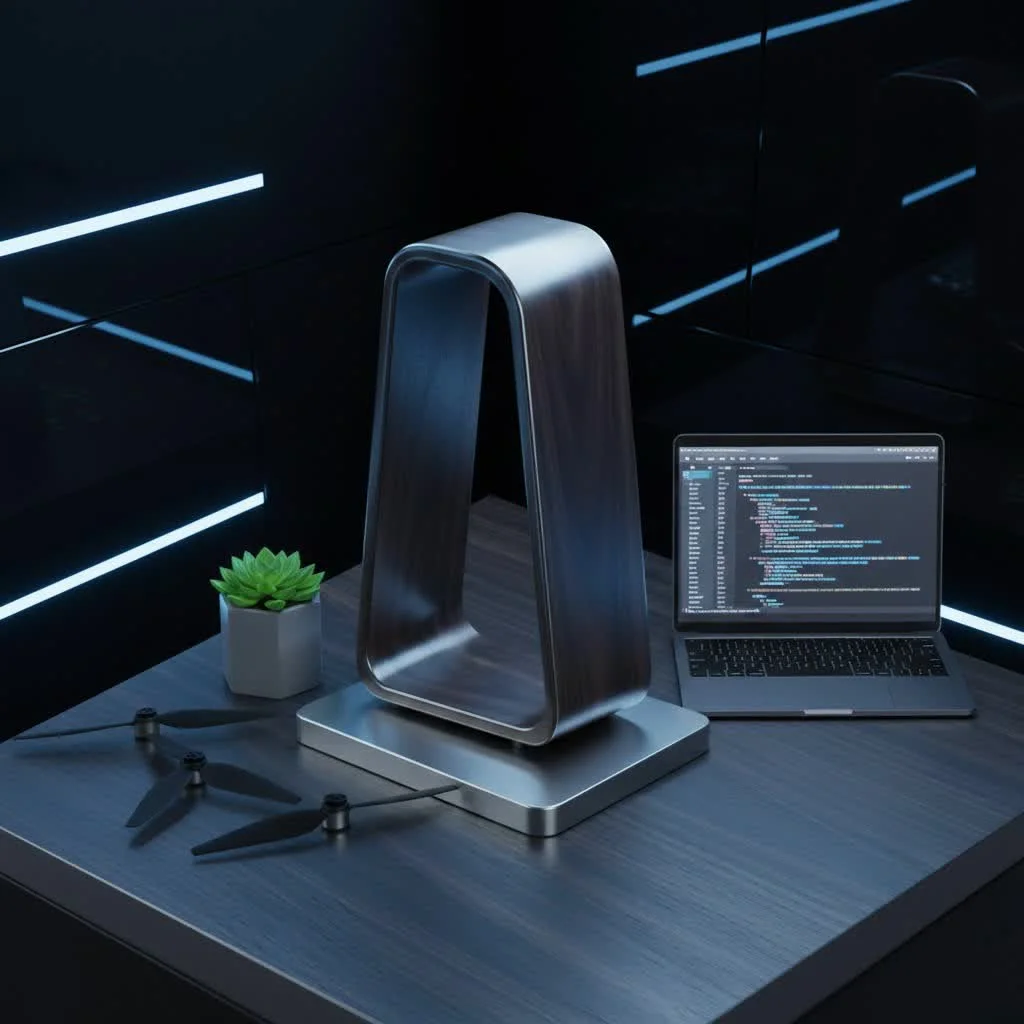 Multiple headphone stand organizing a desk