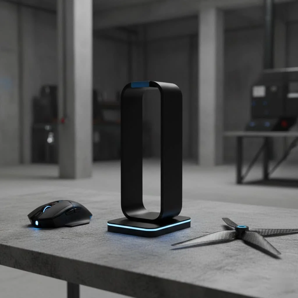 Meze Manta headphone stand displaying Meze Empyrean headphones